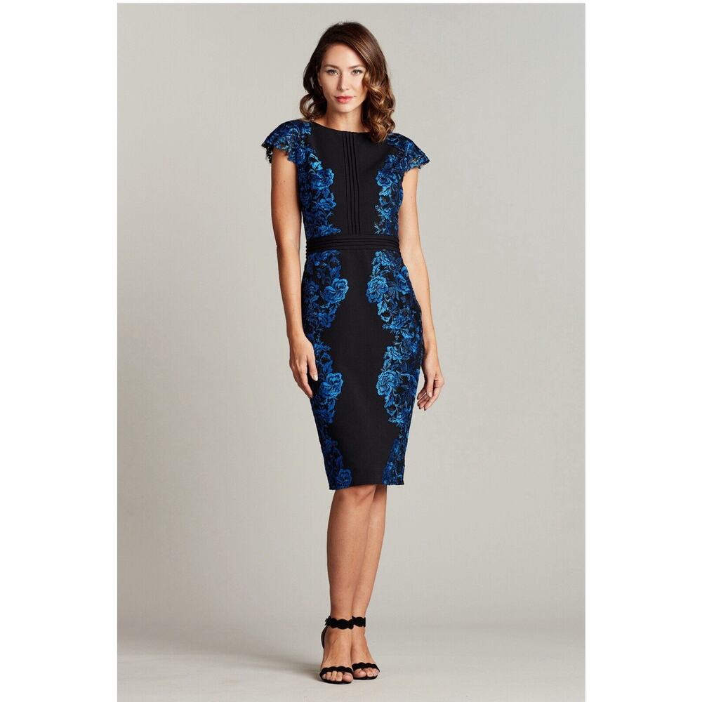 Tadashi Shoji 8 Bayer Embroidered Applique Dress Black Blue BRX20265M MSRP $418